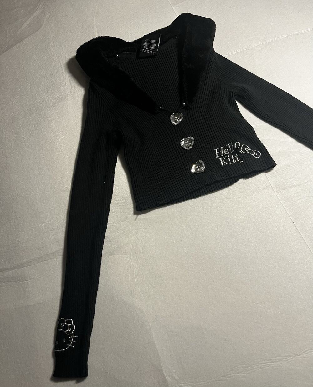 Hello Kitty Sanrio Women’s XS Black Ribbed Cardigan Faux Fur Heart Buttons